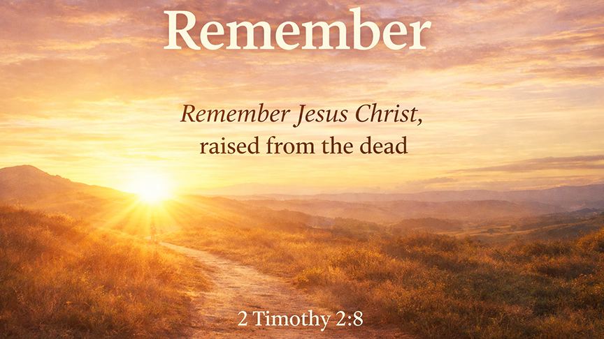 Remember, A wide 16:9 photo-realistic image of a quiet sunrise over an open path, with warm morning light stretching across the landscape, symbolizing the steady hope of remembering the risen Christ in everyday life. 