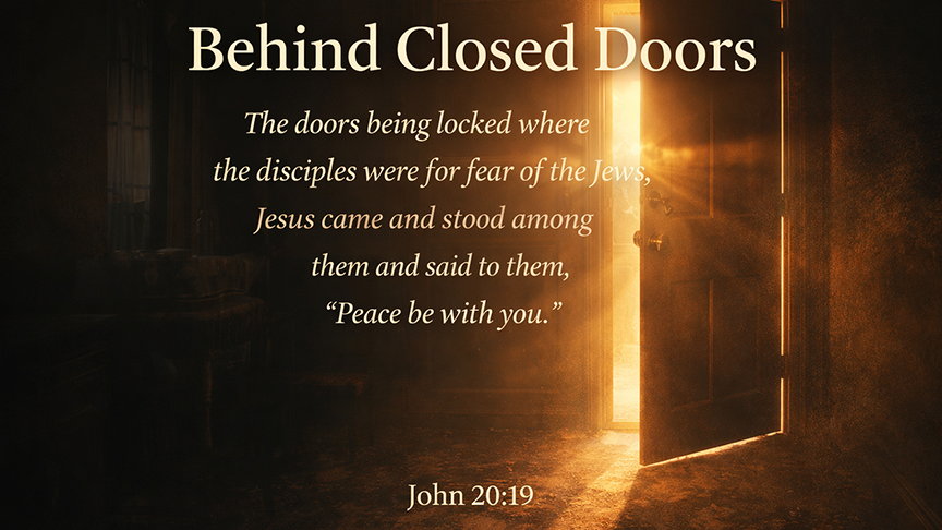 Behind Closed Doors, A wide 16:9 photo-realistic image of a dimly lit room at dawn with soft morning light breaking through a closed door, symbolizing the peace of the risen Christ entering fearful spaces.