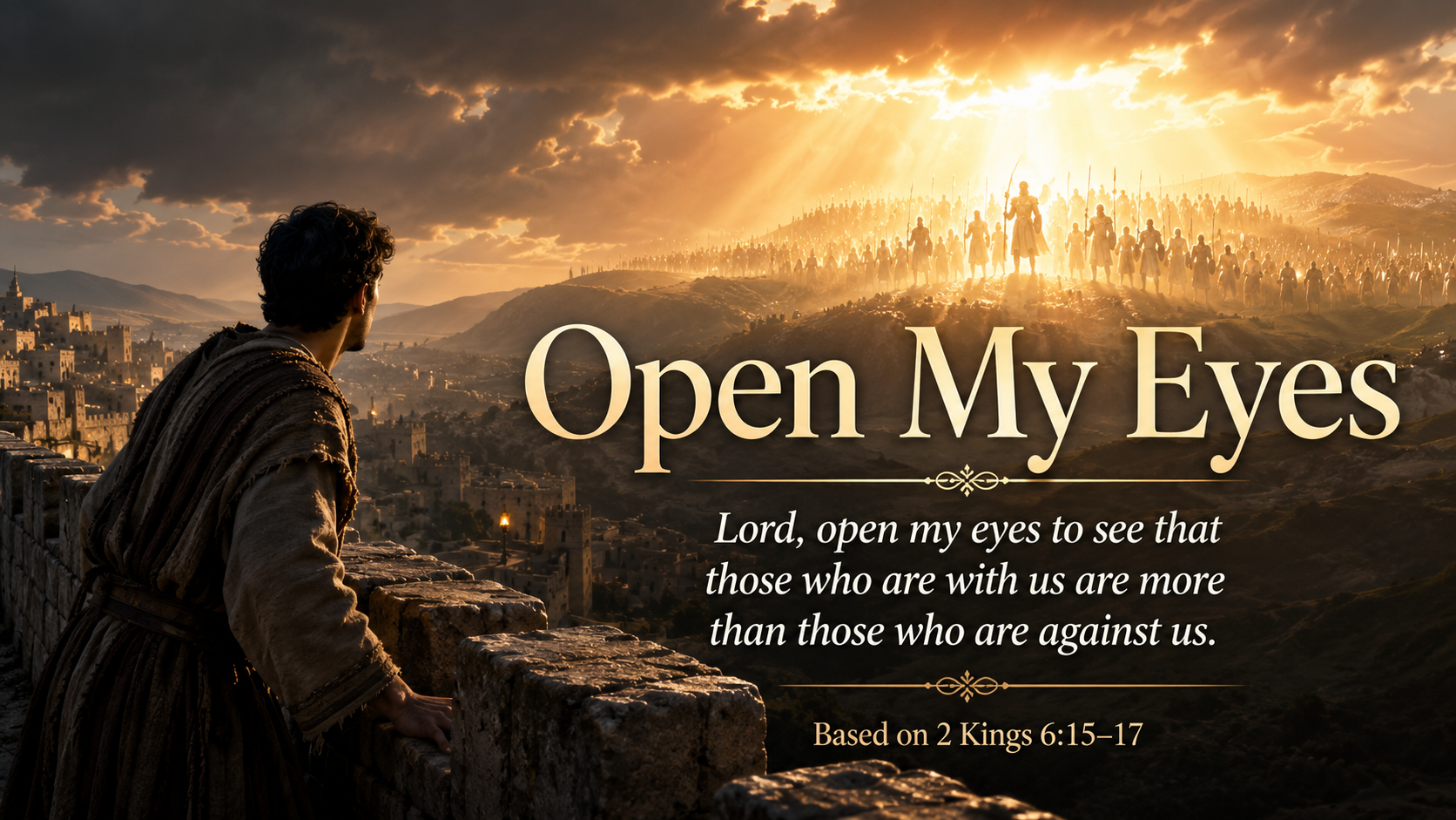 Open My Eyes, a wide 16:9 photo-realistic image of a frightened young man standing on a city wall at dawn. In the distant hills, warm heavenly light reveals countless protective figures. The image includes the title Open My Eyes and the paraphrase, &ldquo;There is more at work than fear allows us to see.&rdquo;