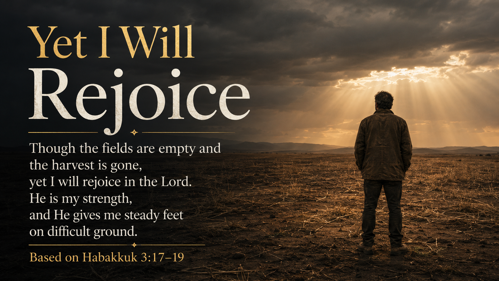 Yet I Will Rejoice, a wide 16:9 photo-realistic image of a person standing in a dry, empty field beneath an overcast sky as warm sunlight breaks through in the distance. The image includes the title Yet I Will Rejoice and the paraphrase, &ldquo;Even when the fields are empty, God remains my strength.&rdquo;