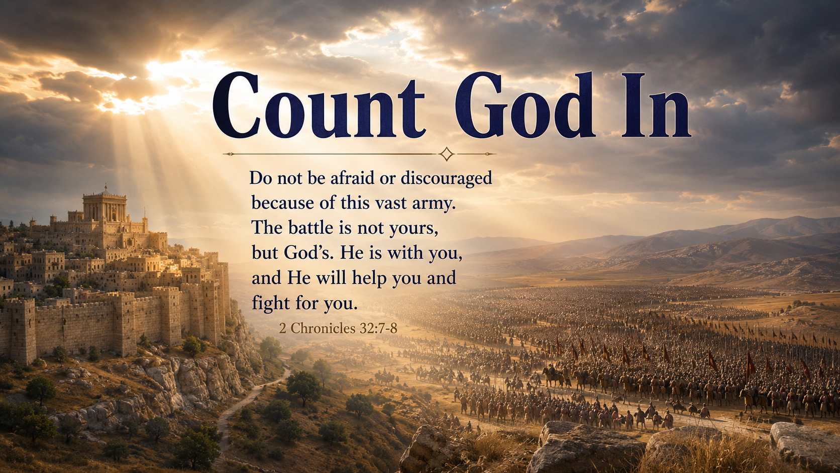 Count God In &mdash; A wide 16:9 photo-realistic image of a small ancient city facing a vast army in the distance while bright light rests over the city walls. The scene symbolizes the truth that though human strength may look overwhelming, the Lord is with His people to help them and fight for them. The image includes the title Count God In and a paraphrase of 2 Chronicles 32:7&ndash;8.