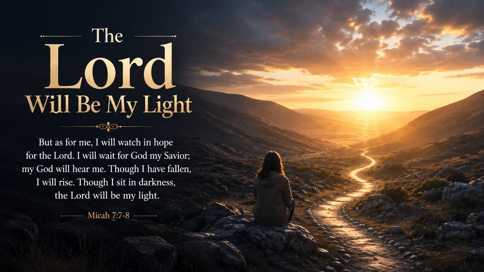 The Lord Will Be My Light &mdash; A wide 16:9 photo-realistic image of a person sitting in a dark valley as warm dawn light begins to rise beyond the hills. A narrow illuminated path leads forward, symbolizing the promise that though we may sit in darkness, the Lord will be our light and raise us up again. The image includes the title The Lord Will Be My Light and a paraphrase of Micah 7:7&ndash;8.
