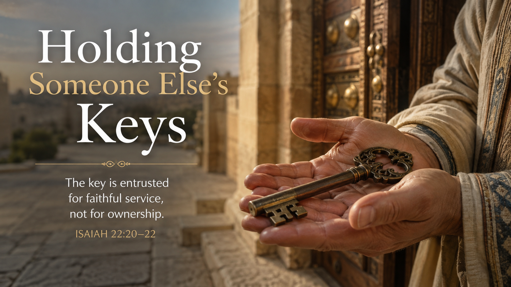 Holding Someone Else&rsquo;s Keys. A wide 16:9 photo-realistic image of an ancient bronze key resting in open hands before the doorway of a royal household. The image includes the title Holding Someone Else&rsquo;s Keys and a paraphrase of Isaiah 22:20&ndash;22.
