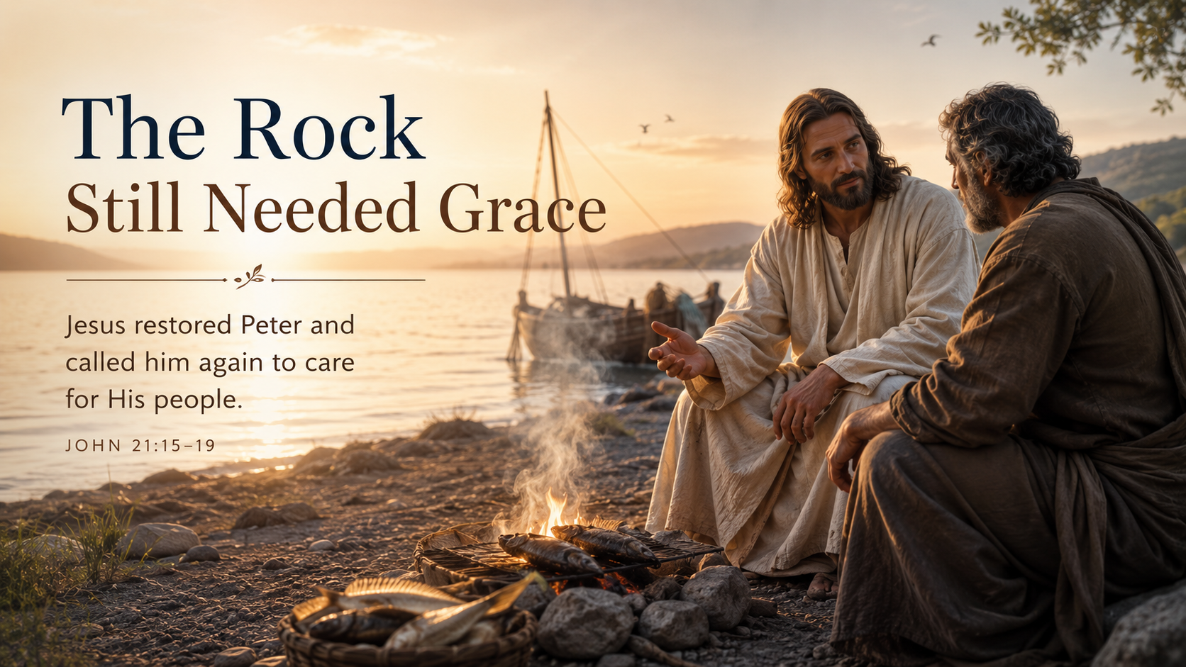 The Rock Still Needed Grace. A wide 16:9 photo-realistic image of Peter and the risen Jesus beside a quiet Galilean shore at sunrise, with a small charcoal fire nearby. The image includes the title The Rock Still Needed Grace and a paraphrase of John 21:15&ndash;19.