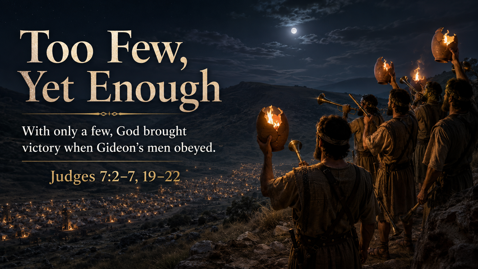 Too Few, Yet Enough — A wide 16:9 photo-realistic image of a small group of Israelite soldiers standing on a dark hillside with glowing torches inside broken clay jars and trumpets in their hands. A vast enemy camp fills the valley below under the night sky. The image includes the title Too Few, Yet Enough and a paraphrase of Judges 7:2–7, 19–22.