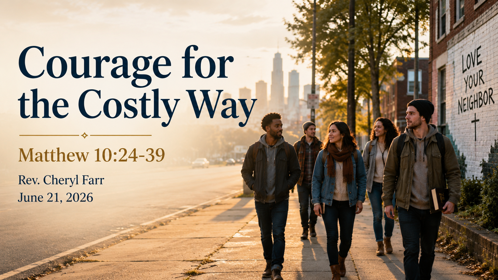Courage for the Costly Way title image showing modern-day believers walking together in warm light, symbolizing faithful discipleship, courage, trust, and the call of Matthew 10:24-39 to follow Jesus even when faith costs comfort.
