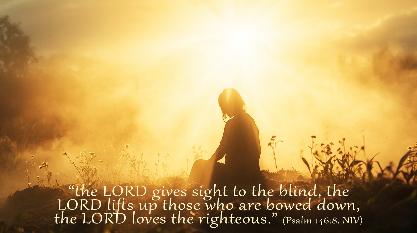 Golden sunlight shining on a kneeling figure representing The Lord Lifts the Lowly—Advent joy through God’s mercy and restoration.