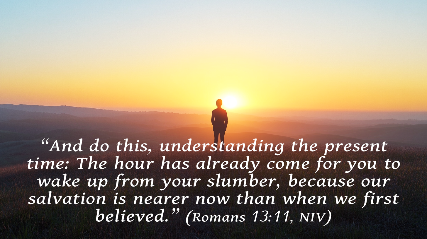 A person stands on a hillside at sunrise, gazing toward the horizon as golden light breaks through the morning mist, symbolizing Advent light and awakening in Romans 13.