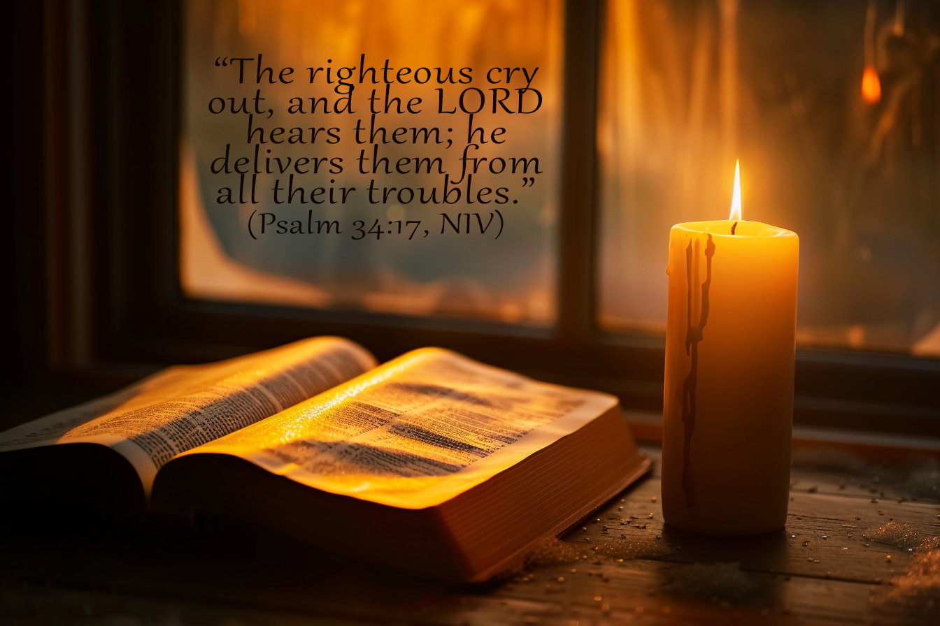 Single candle glowing beside open Bible, symbolizing The Nearness of God—His presence with the brokenhearted.