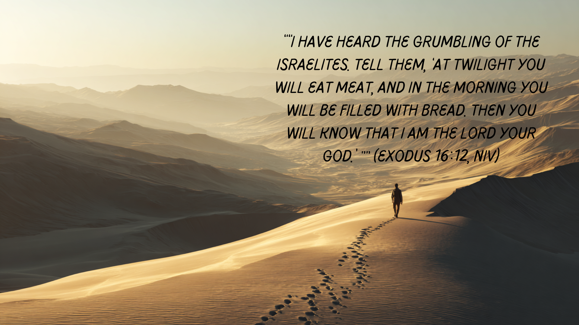 A lone figure walks across sunlit desert dunes at dawn, footprints trailing behind, with soft golden light over rolling hills. The image includes the scripture text from Exodus 16:12 (NIV), reflecting God’s provision of bread and meat in the wilderness and His faithful presence during seasons of wandering and trust.