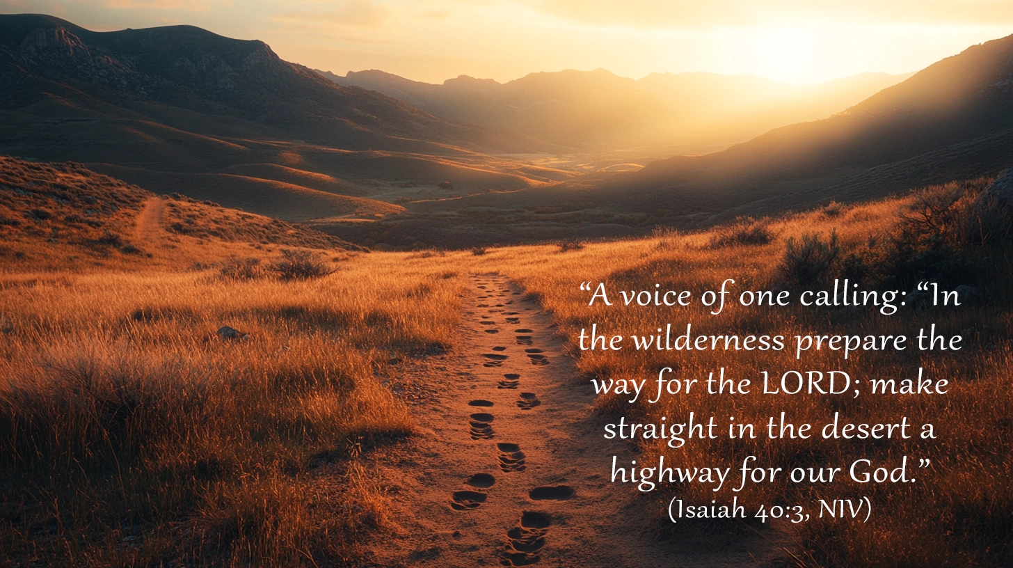 Sunrise over wilderness path representing Advent preparation and Isaiah’s call to “prepare the way of the Lord.”