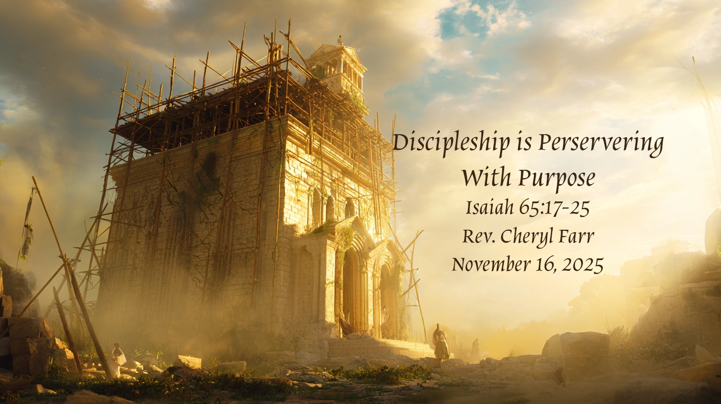 A sunlit ancient temple stands partially rebuilt under a golden sky, surrounded by scaffolding and scattered stones. Dust rises softly in the warm light as a few figures move near the base, symbolizing resilience and renewal. Text on the image reads, “Discipleship is Persevering with Purpose – Isaiah 65:17–25 – Rev. Cheryl Farr – November 16, 2025.” The scene captures a sense of hope, faith, and steadfast work amid ruins being restored.