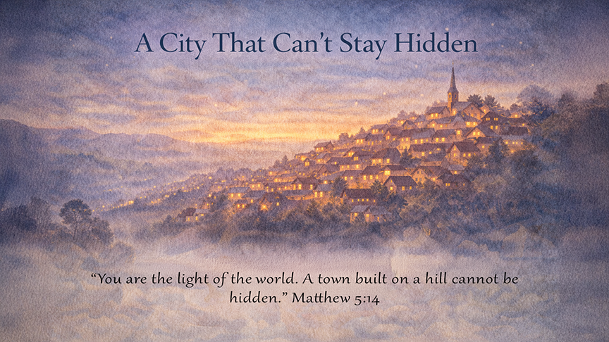 A City That Can’t Stay Hidden — A wide 16:9 watercolor illustration of a hillside town at dusk, with warm lights glowing from homes against a deepening blue sky. The image includes the title A City That Can’t Stay Hidden and the full scripture text of Matthew 5:14, symbolizing faith made visible through shared life and presence.