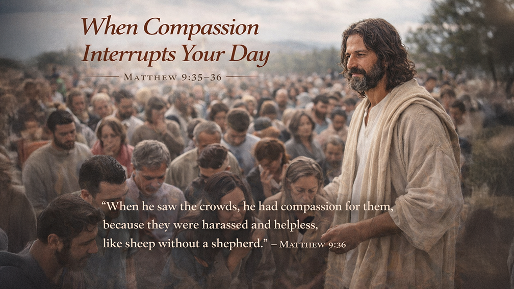 When Compassion Interrupts Your Day — A 16:9 realistic photo showing Jesus standing among a large, diverse crowd of weary people. His posture is calm and attentive as He looks over the crowd with deep compassion, while many around Him appear tired, uncertain, or bowed down. The image includes the title When Compassion Interrupts Your Day and scripture from Matthew 9:35–36, highlighting Jesus’ response of mercy toward people who feel scattered and without direction.