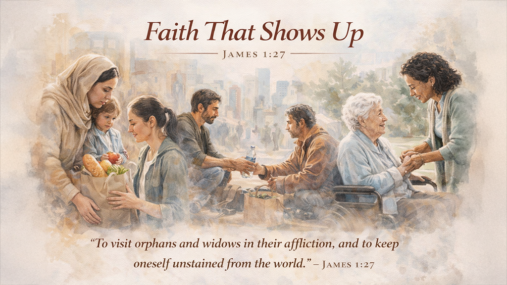 When Compassion Interrupts Your Day — A 16:9 realistic photo showing Jesus standing among a large, diverse crowd of weary people. His posture is calm and attentive as He looks over the crowd with deep compassion, while many around Him appear tired, uncertain, or bowed down. The image includes the title When Compassion Interrupts Your Day and scripture from Matthew 9:35–36, highlighting Jesus’ response of mercy toward people who feel scattered and without direction.