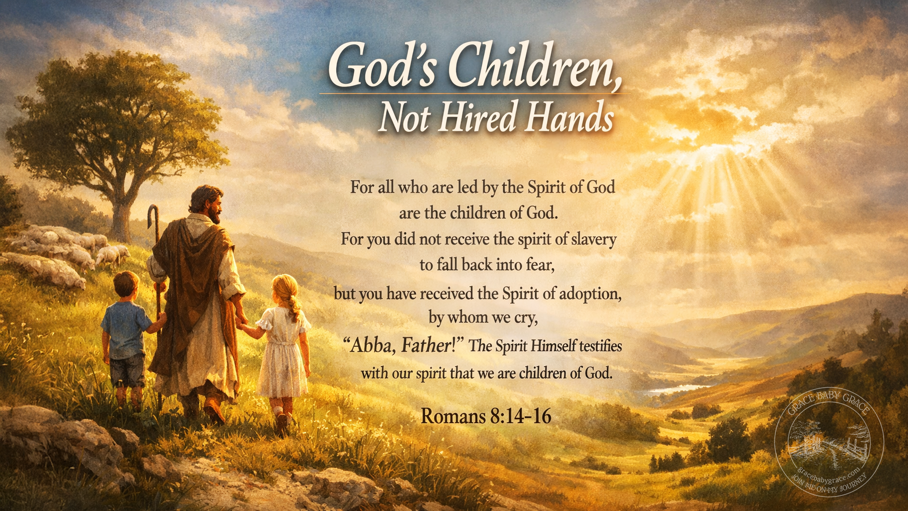 A wide devotional image showing a shepherd walking hand in hand with two children across a sunlit hillside, sheep grazing nearby under a warm golden sky. Rays of light break through the clouds, symbolizing God’s adopting love, with the title “God’s Children, Not Hired Hands” and the full text of Romans 8:14–16 displayed across the landscape.