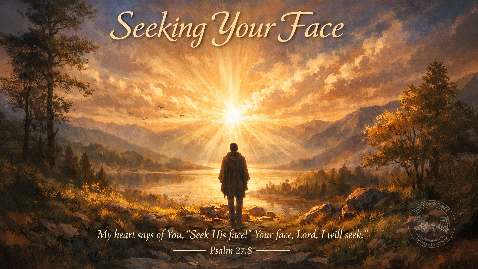 Wide devotional image titled Seeking Your Face inspired by Psalm 27:8, showing a solitary figure standing at the edge of a peaceful landscape at sunrise, facing a radiant light breaking through the clouds over mountains and water. Warm golden light fills the scene, symbolizing prayer, longing, and a heart turned toward God as the verse speaks of seeking the Lord’s face.