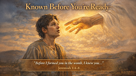 Title slide for “Known Before You’re Ready.” A young man representing Jeremiah looks upward as a glowing hand reaches toward him from a bright, cloud-filled sky. The scene is warm and intimate, emphasizing God’s nearness. Text reads, “Before I formed you in the womb, I knew you,” Jeremiah 1:4–8.
