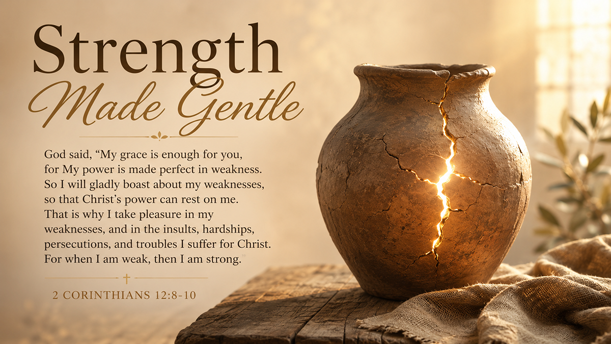 Strength Made Gentle, a wide 16:9 photo-realistic image of soft light shining through a cracked clay jar on a wooden table, symbolizing Christ’s strength revealed in weakness. The image includes the title Strength Made Gentle and a paraphrase of 2 Corinthians 12:8-10.