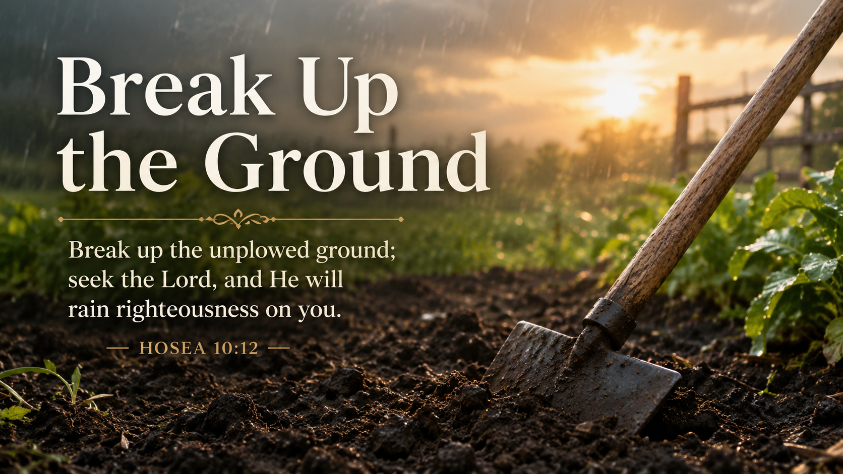Break Up the Ground: A wide 16:9 photo-realistic image of freshly turned garden soil in morning light, with a wooden-handled hoe resting nearby and gentle rain beginning to fall. The image includes the title Break Up the Ground and a paraphrase of Hosea 10:12.