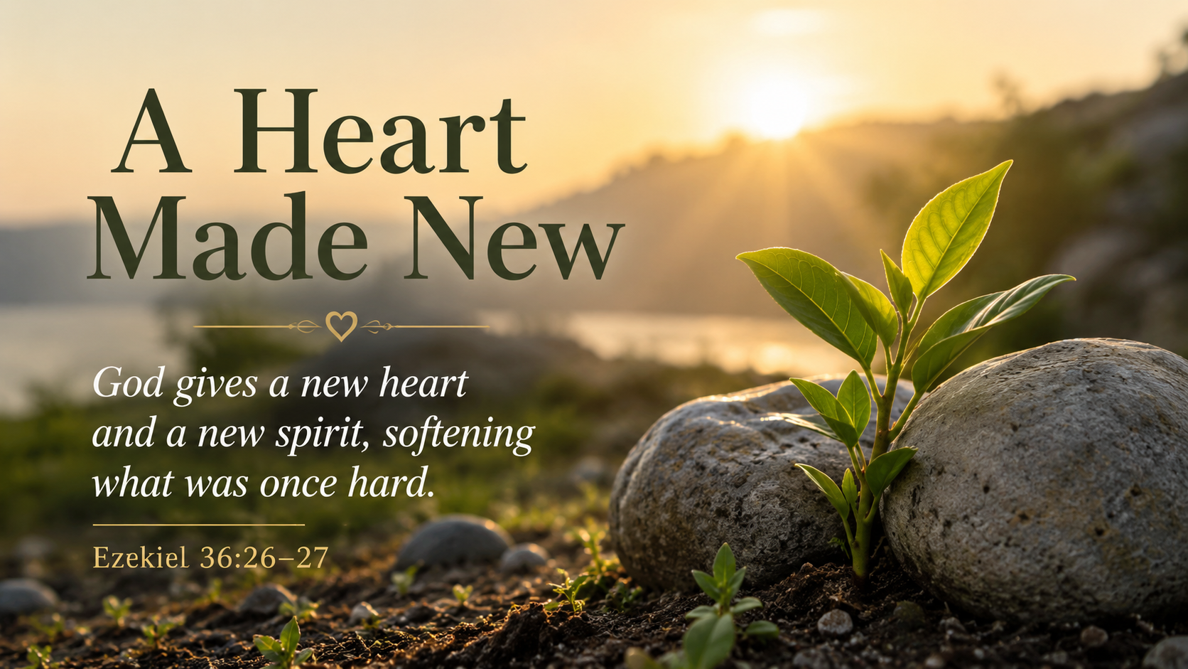 A Heart Made New: A wide 16:9 photo-realistic image of warm light shining on a small green plant growing beside a smooth stone, symbolizing God replacing a heart of stone with a living heart. The image includes the title A Heart Made New and a paraphrase of Ezekiel 36:26–27.