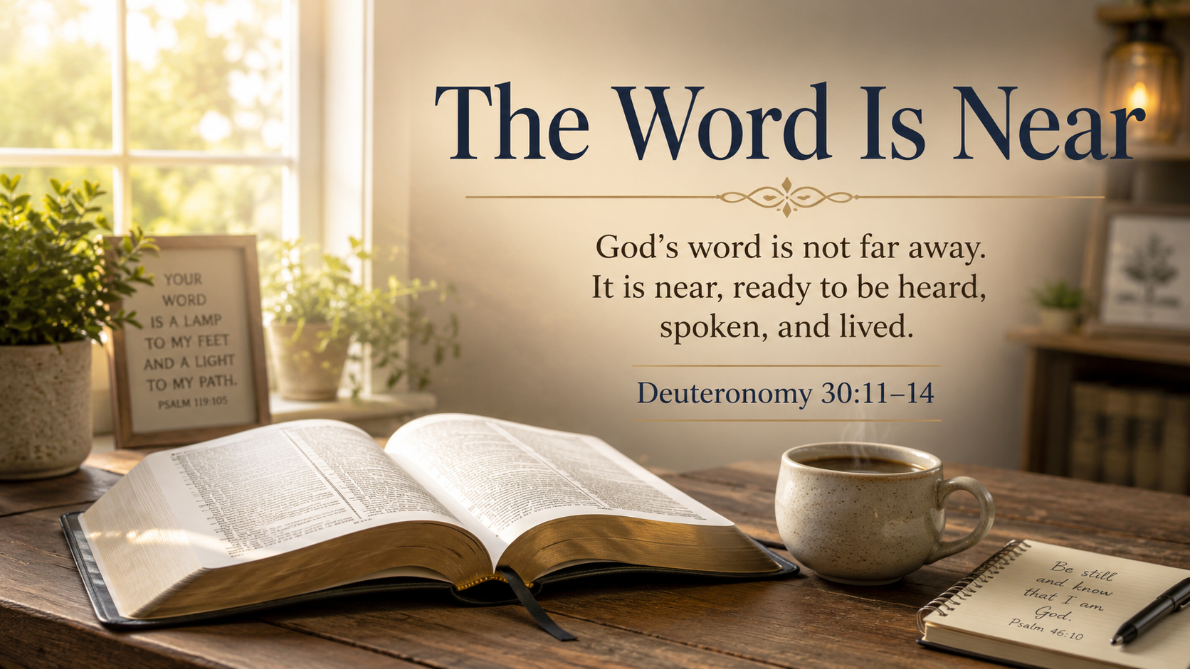 The Word Is Near: A wide 16:9 photo-realistic image of an open Bible on a wooden table beside a cup of coffee in soft morning light, with a peaceful home setting. The image includes the title The Word Is Near and a paraphrase of Deuteronomy 30:11–14.