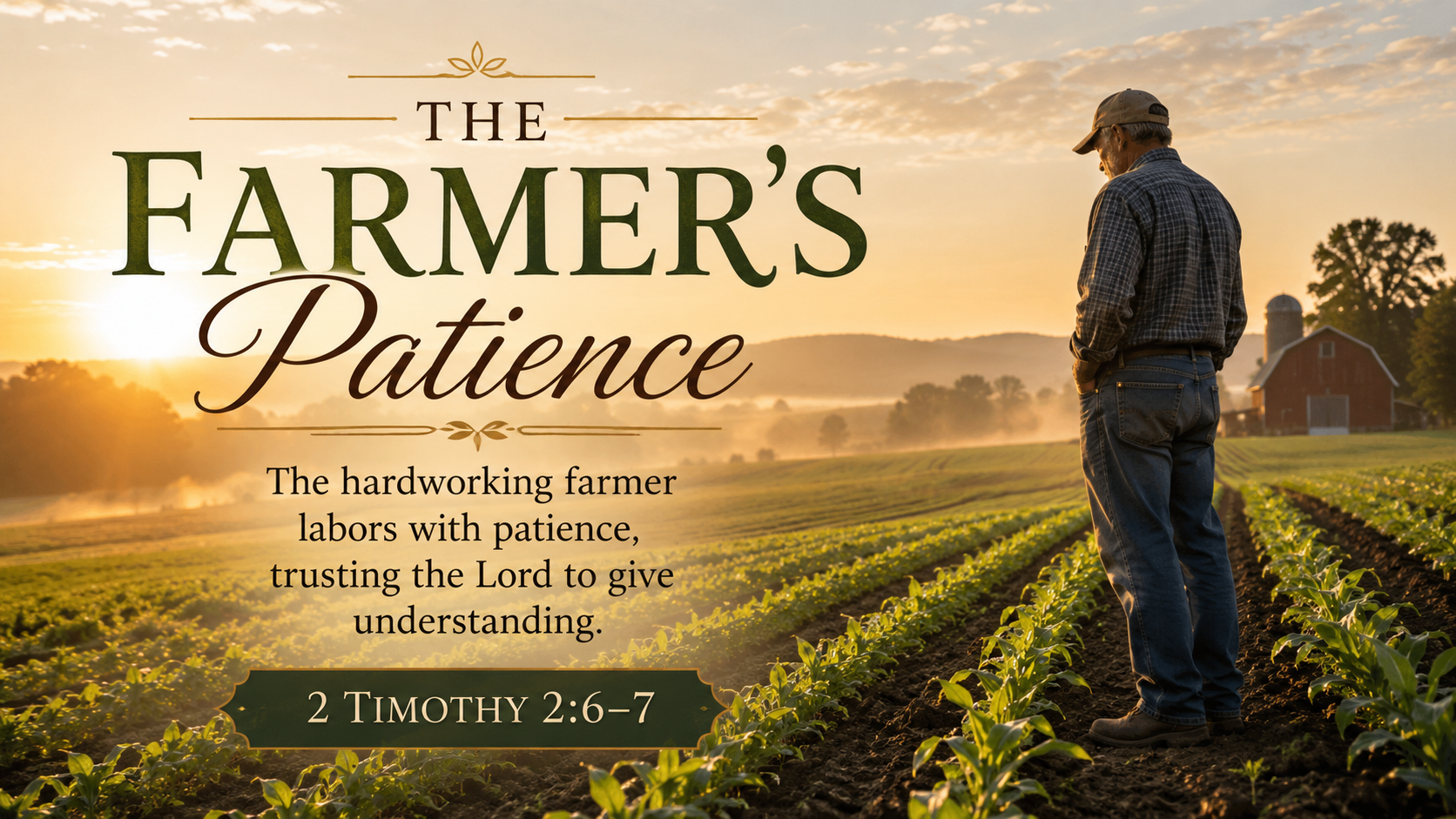 The Farmer’s Patience: A wide 16:9 photo-realistic image of a farmer standing quietly beside young green rows in a field at sunrise, looking over the growing plants with patience. The image includes the title The Farmer’s Patience and a paraphrase of 2 Timothy 2:6–7.