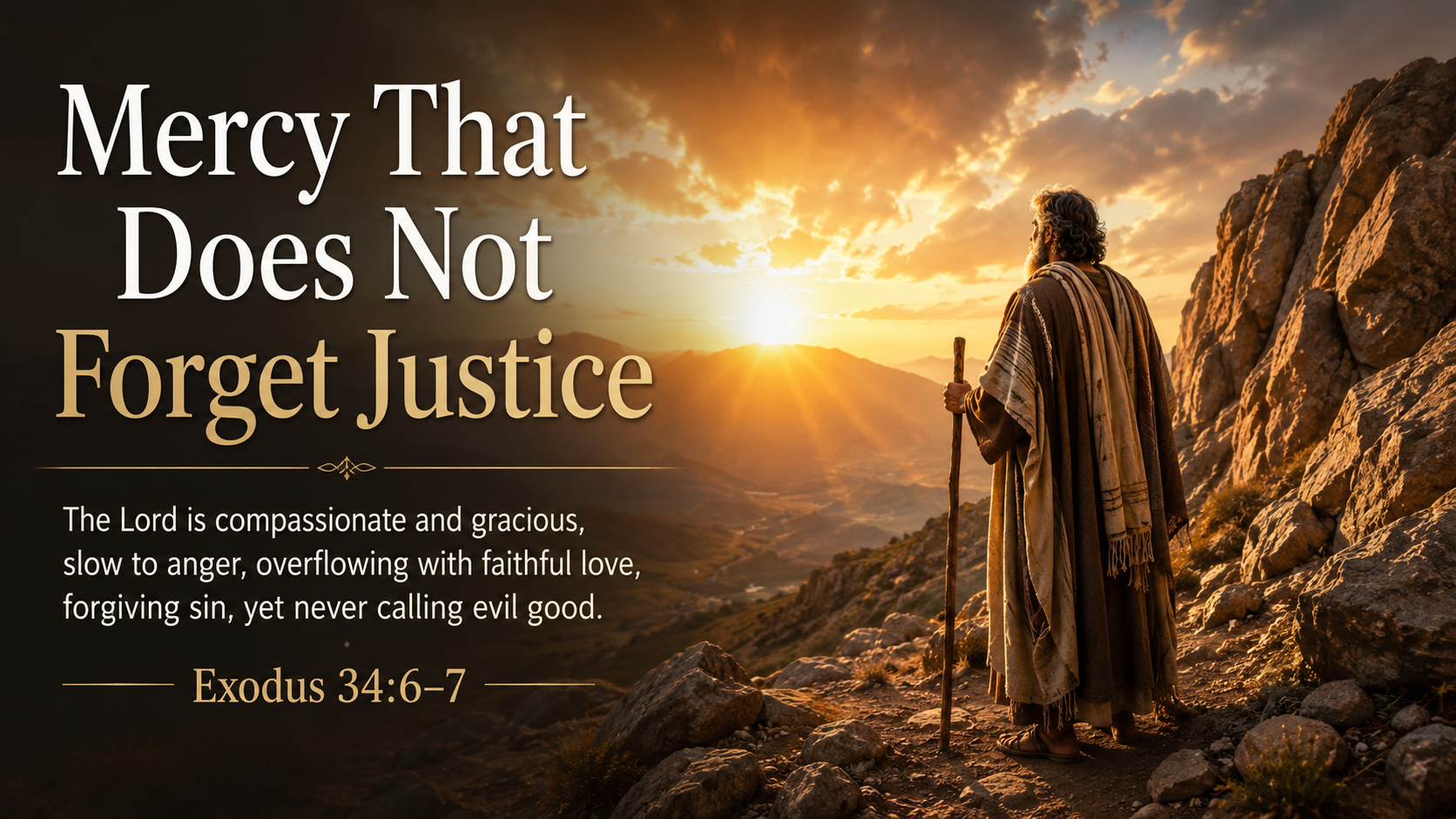 Mercy That Does Not Forget Justice: A wide 16:9 photo-realistic image of Moses standing near rugged mountain rocks at sunrise, with warm light breaking through clouds. The image includes the title Mercy That Does Not Forget Justice and a paraphrase of Exodus 34:6&ndash;7.