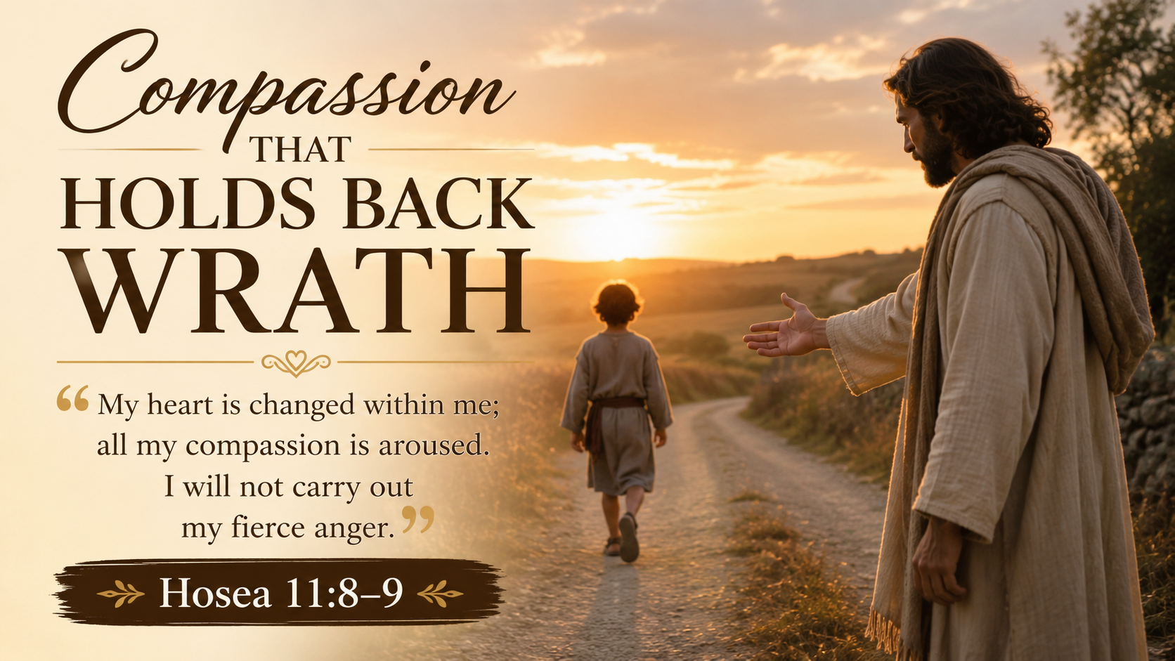Compassion That Holds Back Wrath: A wide 16:9 photo-realistic image of a father gently reaching toward a child walking away on a country road at sunset, with warm light surrounding them. The image includes the title Compassion That Holds Back Wrath and a paraphrase of Hosea 11:8–9.