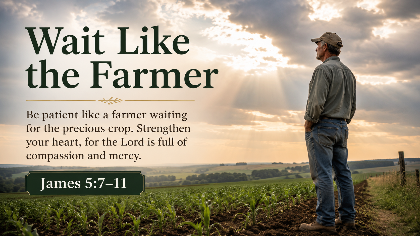 Wait Like the Farmer: A wide 16:9 photo-realistic image of a farmer standing beside a growing field under a cloudy sky, watching for rain with quiet hope. The image includes the title Wait Like the Farmer and a paraphrase of James 5:7–11.