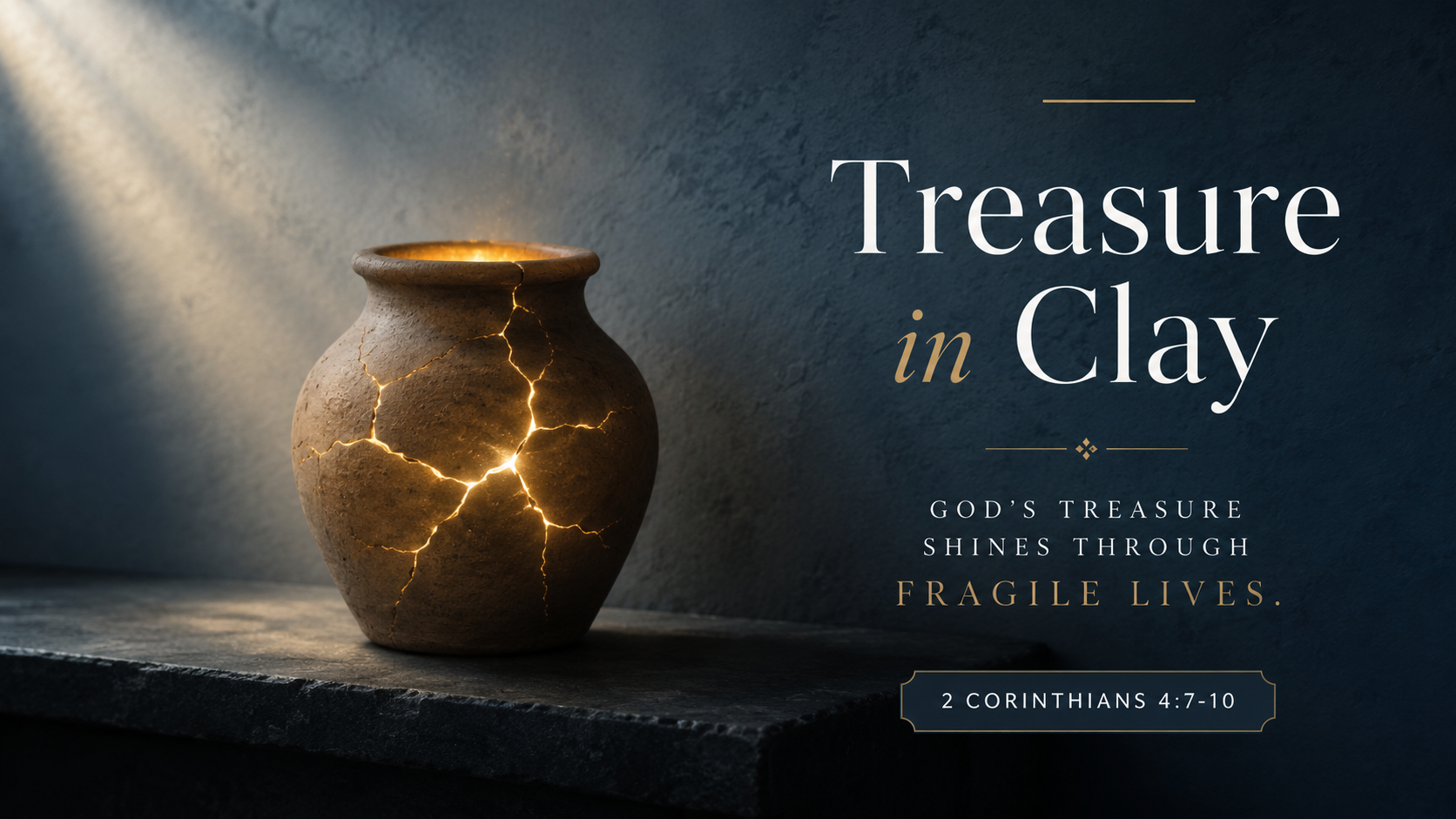 Treasure in Clay: A wide 16:9 photo-realistic image of a simple clay jar with warm golden light shining through small cracks, resting on a wooden table. The image includes the title Treasure in Clay and a paraphrase of 2 Corinthians 4:7–10.