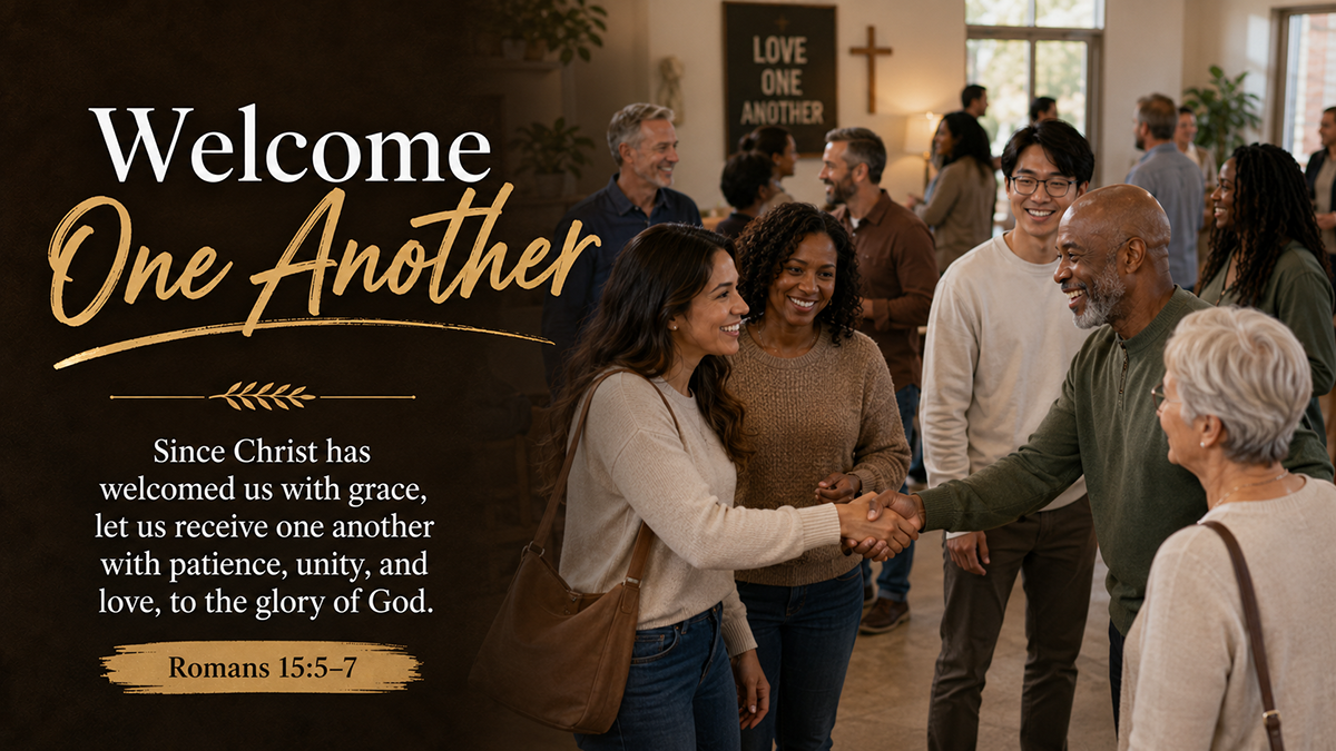 Welcome One Another: A wide 16:9 photo-realistic image of a diverse modern congregation sharing warm greetings after worship, with people of different ages smiling, shaking hands, and embracing. The image includes the title Welcome One Another and a paraphrase of Romans 15:5–7.