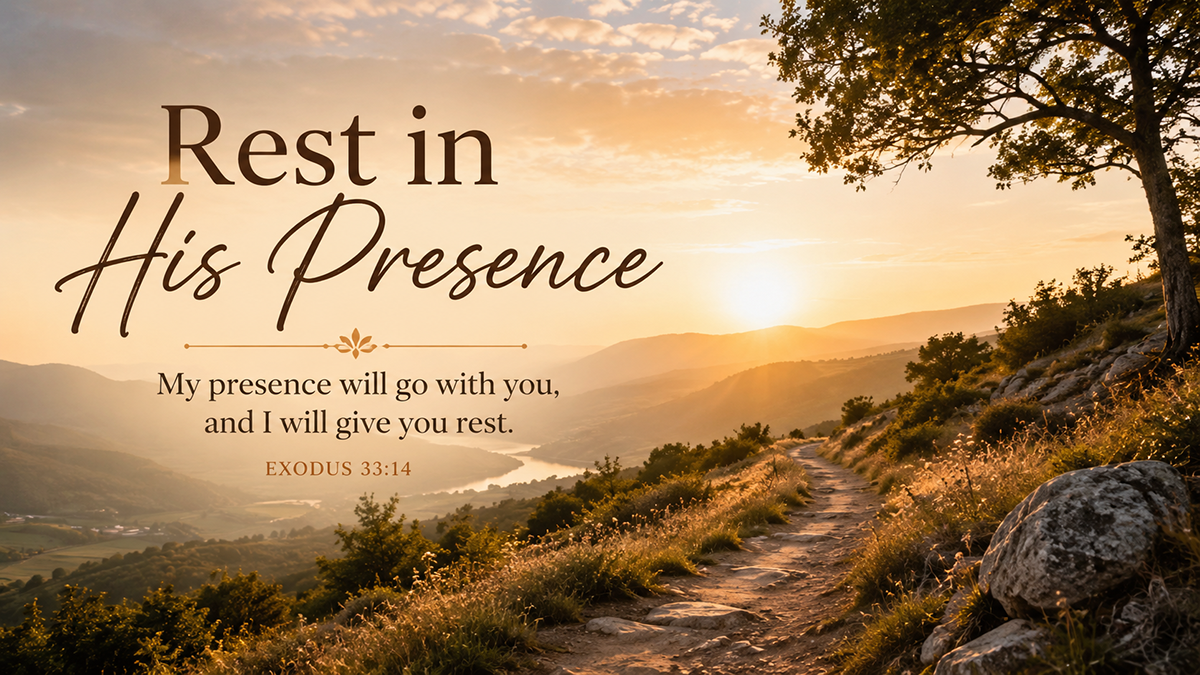 Rest in His Presence, a wide 16:9 photo-realistic image of a quiet wilderness path at sunrise with soft golden light leading forward, symbolizing God’s presence guiding His people. The image includes the title Rest in His Presence and a paraphrase of Exodus 33:14.