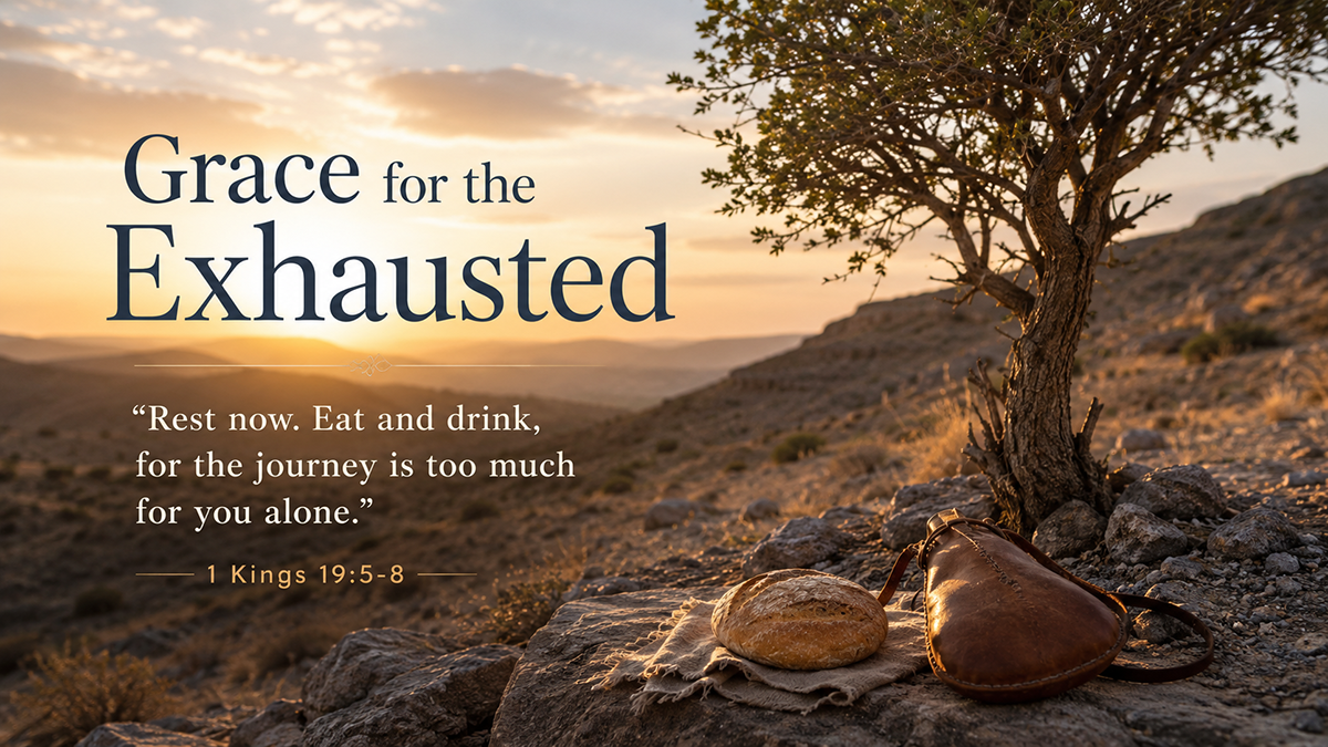 Grace for the Exhausted, a wide 16:9 photo-realistic image of a quiet wilderness tree with bread and water resting nearby in soft morning light, symbolizing God’s care for Elijah. The image includes the title Grace for the Exhausted and a paraphrase of 1 Kings 19:5-8.