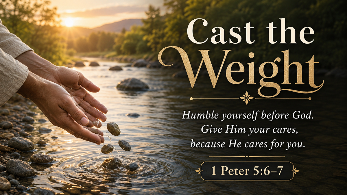 Cast the Weight, a wide 16:9 photo-realistic image of hands releasing small stones beside a quiet stream, symbolizing giving anxiety to God. The image includes the title Cast the Weight and a paraphrase of 1 Peter 5:6-7.
