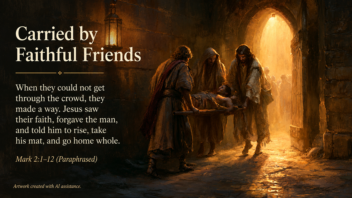 Carried by Faithful Friends, a wide 16:9 photo-realistic image of four friends helping carry a man on a simple mat toward a warmly lit doorway. The image includes the title Carried by Faithful Friends and a paraphrase of Mark 2:1-12.