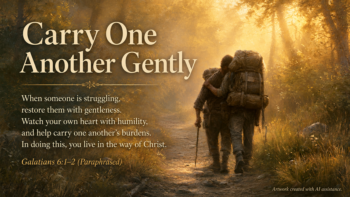 Carry One Another Gently, a wide 16:9 photo-realistic image of two hikers on a quiet trail, one helping the other carry a heavy pack in warm morning light. The image includes the title Carry One Another Gently and a paraphrase of Galatians 6:1-2.