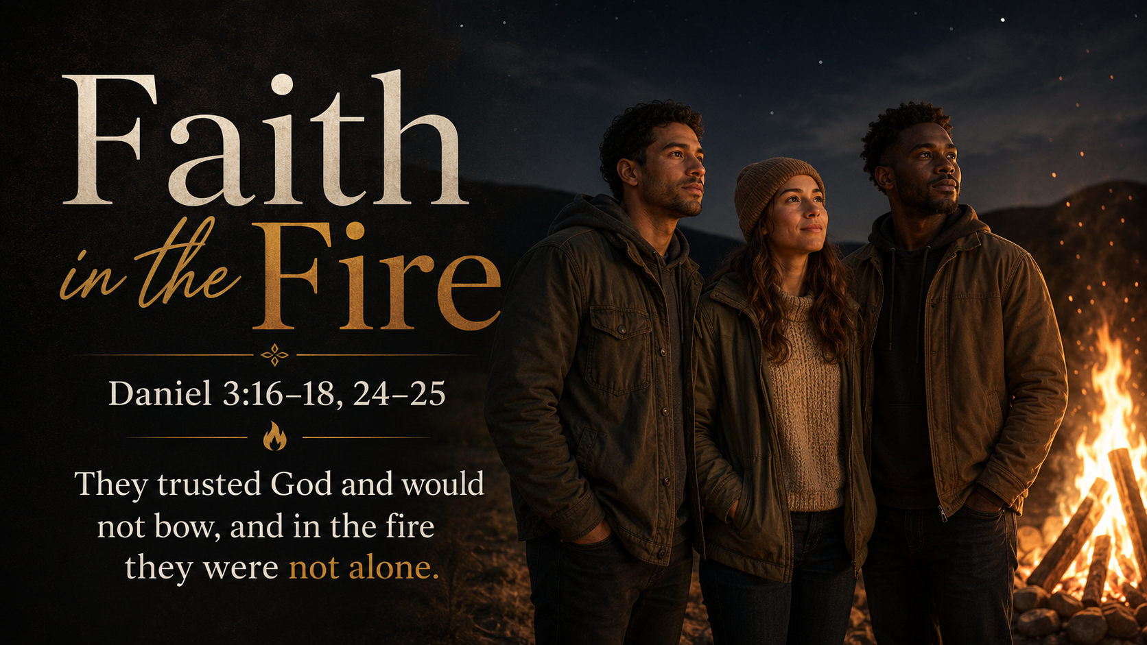 Faith in the Fire: A wide 16:9 photo-realistic image of three modern believers standing together near the warm glow of a bonfire at night, their faces calm and hopeful, symbolizing courage, faithfulness, and God’s presence in hard places. The image includes the title Faith in the Fire and a paraphrase of Daniel 3:16-18, 24-25.