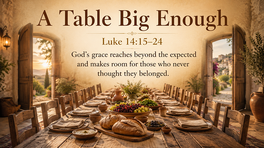 A Table Big Enough, a wide 16:9 photo-realistic image of a long wooden banquet table in warm golden light with many empty chairs, fresh bread, simple dishes, and open doors in the background, symbolizing God’s gracious invitation in Luke 14:15–24. The image includes the title A Table Big Enough and a paraphrase of Luke 14:15–24.