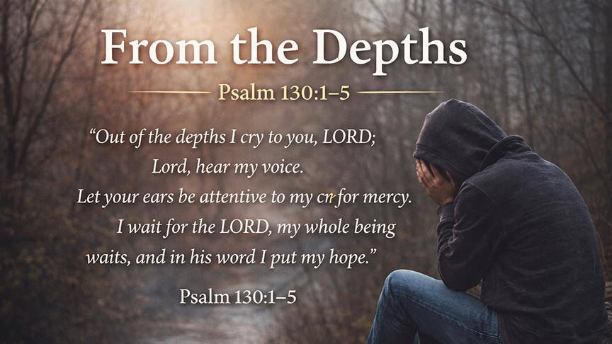 From the Depths A wide image of dark water or a deep shadowed valley with a small light breaking through, reflecting Psalm 130:1–5 and hope rising from deep distress.