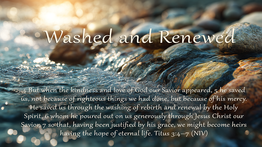 Washed and Renewed — A wide 16:9 photo-realistic image of clear water flowing over smooth stones in a gentle stream, sunlight reflecting off the surface, symbolizing cleansing and renewal. The image includes the title Washed and Renewed and the full scripture text of Titus 3:4–7.