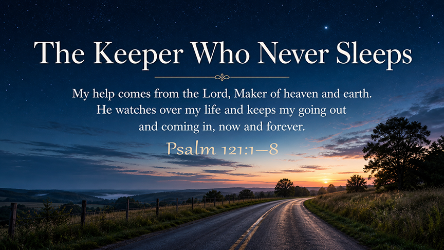 The Keeper Who Never Sleeps, a wide 16:9 photo-realistic image of a quiet country road under a night sky just before dawn, with soft light beginning to rise on the horizon. The image includes the title The Keeper Who Never Sleeps and a paraphrase of Psalm 121:1&ndash;8.