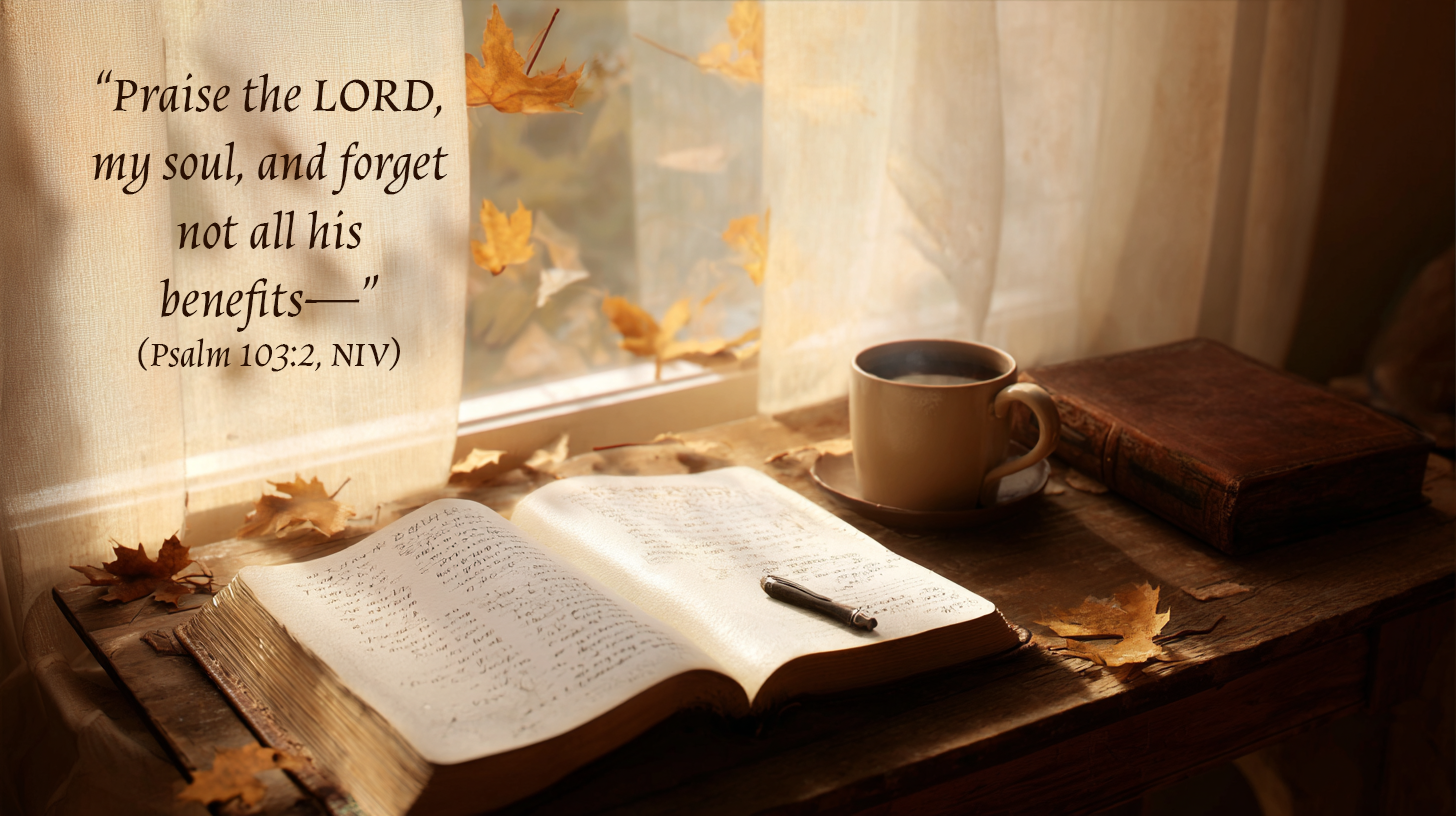 Open journal on a wooden table, symbolizing reflection and gratitude for God’s faithfulness and blessings remembered.