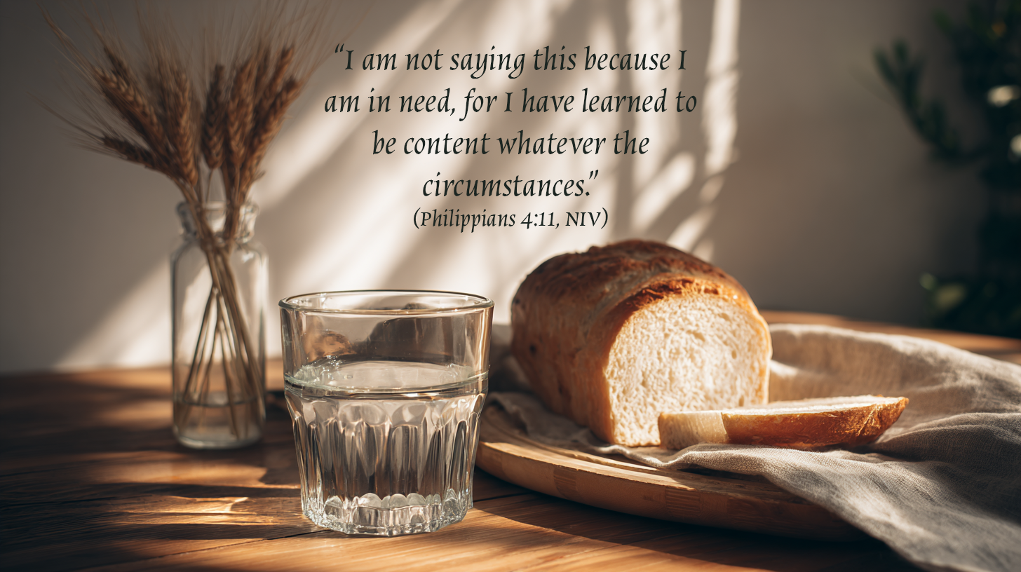 Simple table with bread and water in sunlight, symbolizing contentment and gratitude and the gift of enough