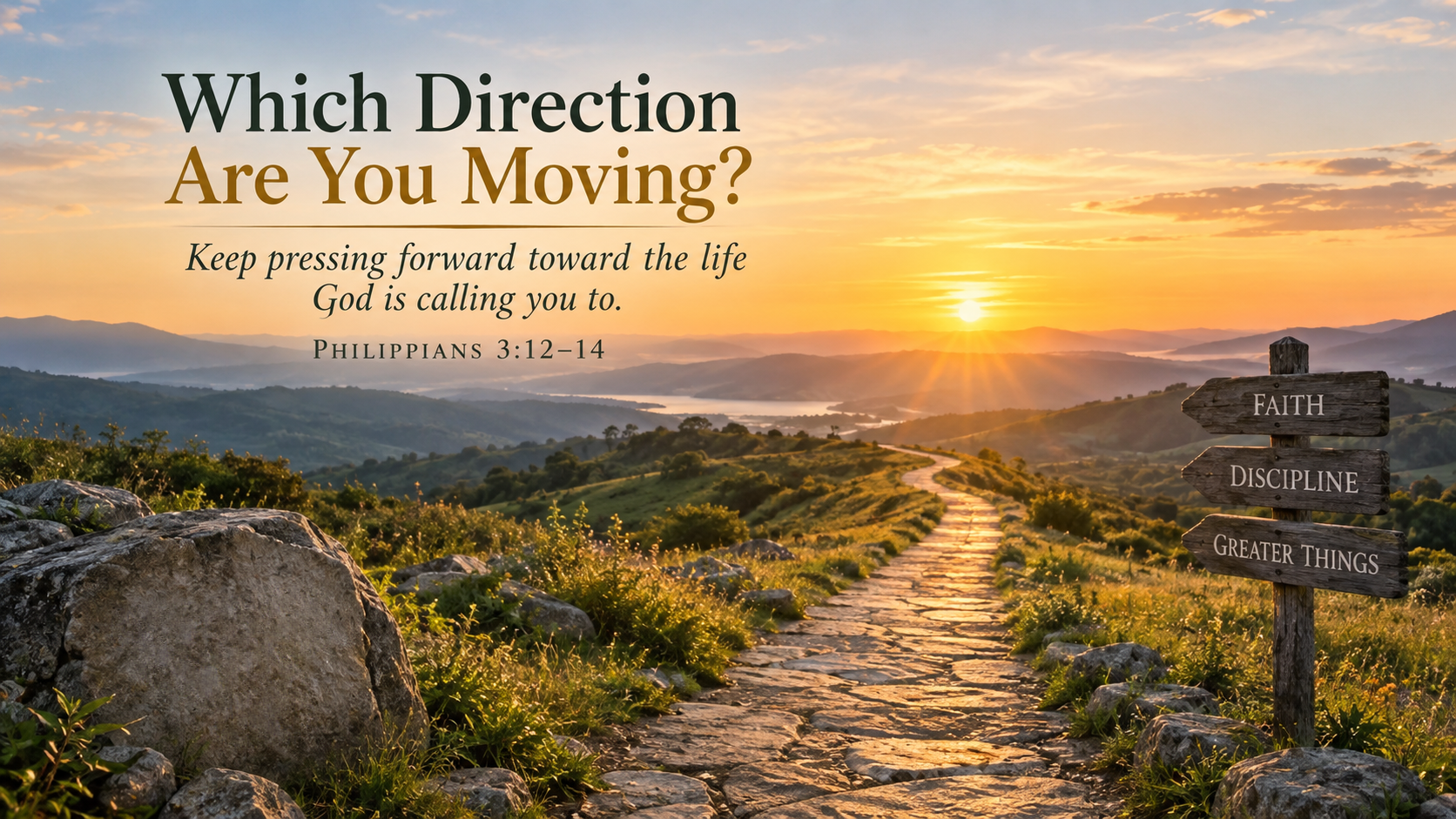 A wide, photo-realistic image of a long walking path stretching toward a golden sunrise over distant hills. The image includes the title Which Direction Are You Moving? and the visible paraphrase: &ldquo;Keep pressing forward toward the life God is calling you to.&rdquo;