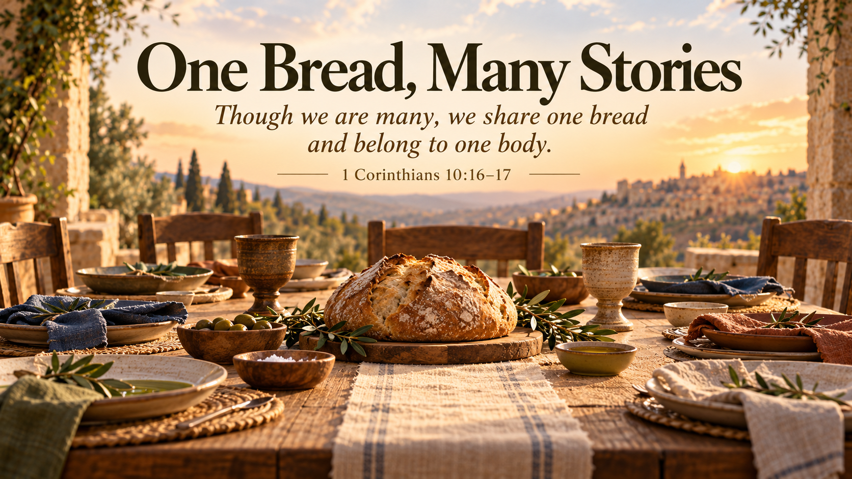 One Bread, Many Stories devotional image showing one loaf surrounded by varied place settings, reflecting the unity of Christ&rsquo;s body in 1 Corinthians 10:16&ndash;17.