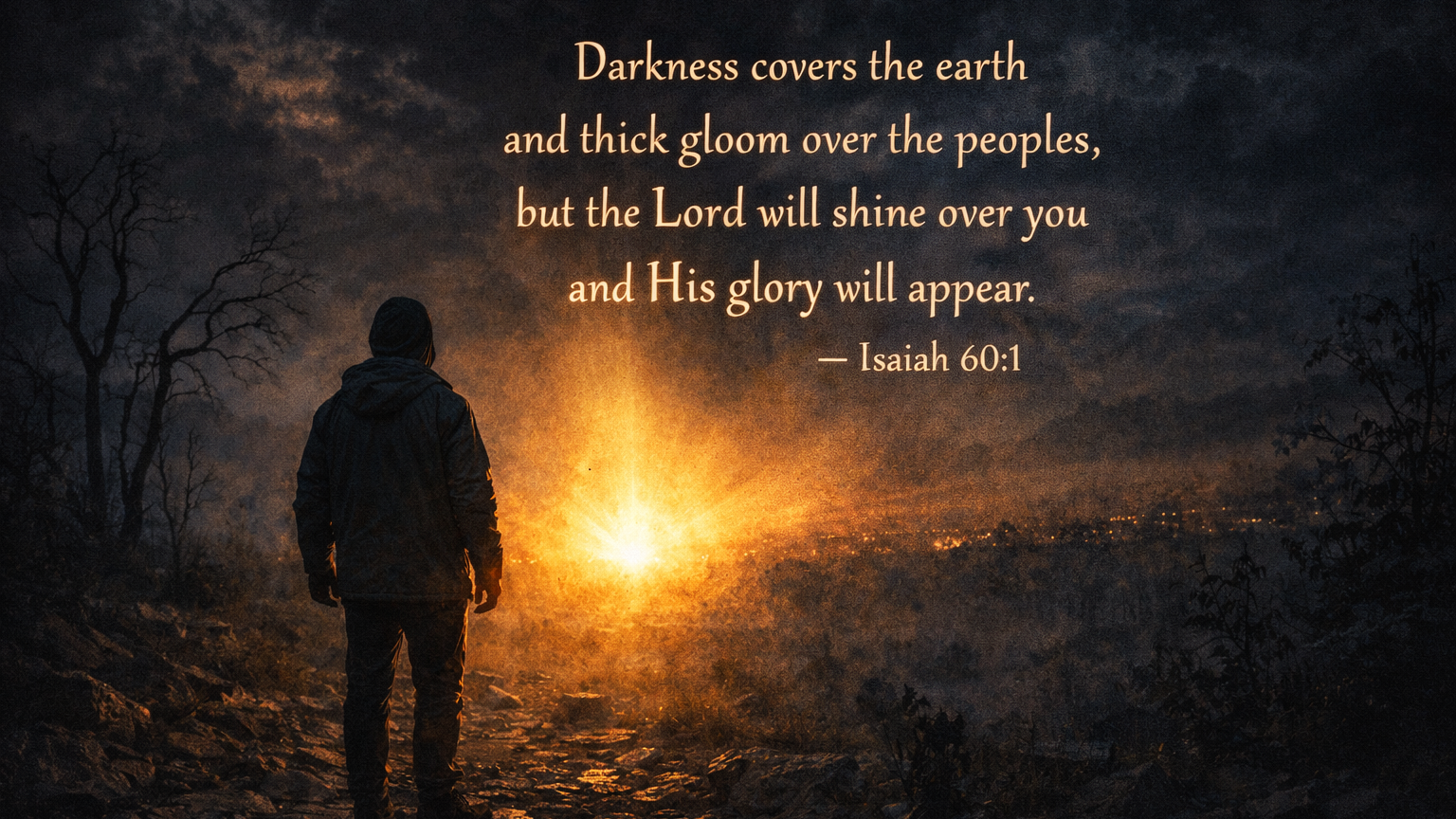 Isaiah 60:1 – Watching for the Light Wide image of a lone figure standing in deep darkness as a radiant golden light breaks through the horizon, representing God’s glory rising even when darkness covers the earth.
