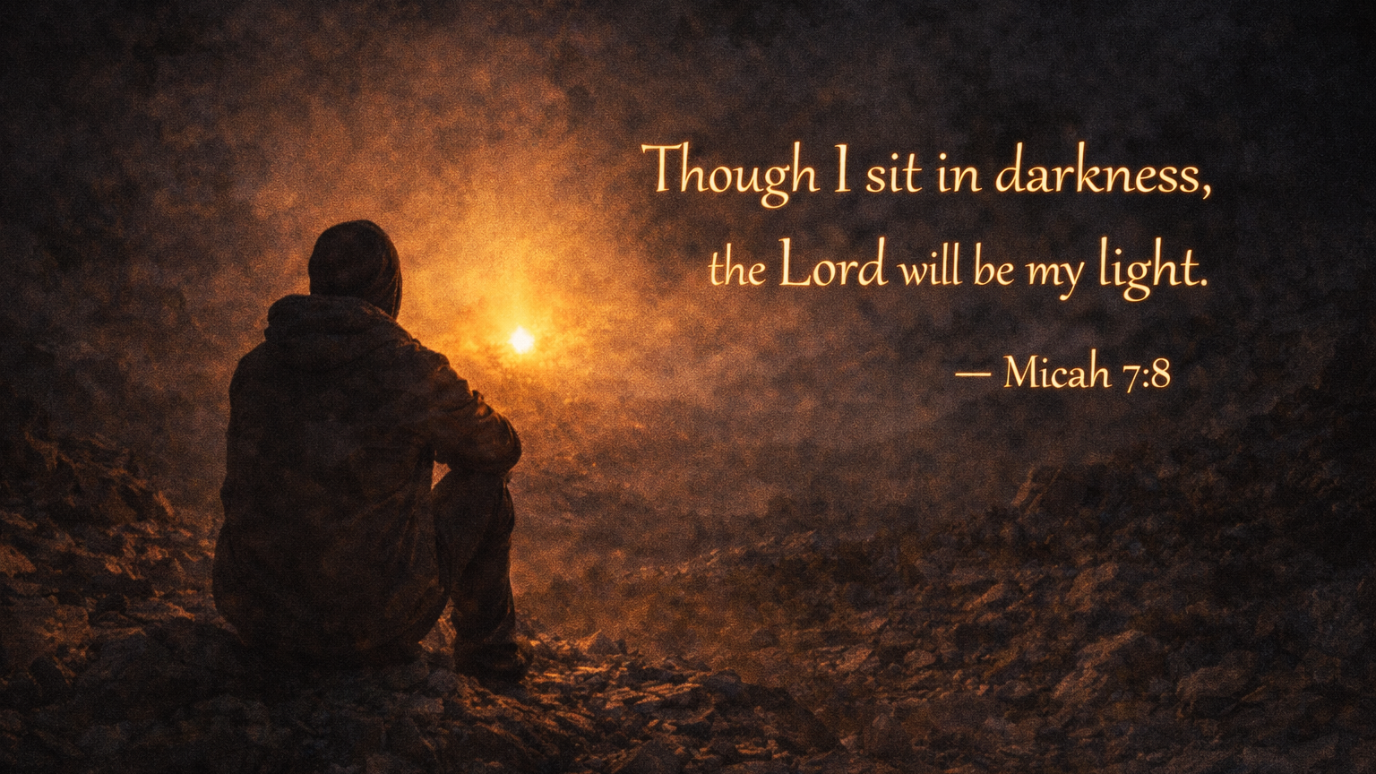 Light in the waiting Micah 7:8-9 Wide sunset image of a person standing on a mountain overlook holding a lantern, gazing toward an unknown horizon, reflecting trust in God when the path ahead is unclear.