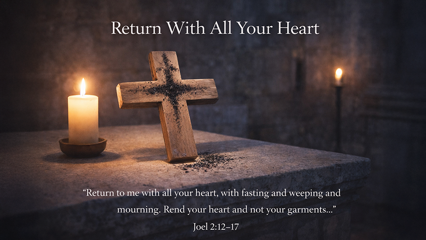 Return With All Your Heart — A wide 16:9 photo-realistic image of a simple wooden cross marked with ashes on a quiet altar, soft candlelight glowing nearby. The image includes the title Return With All Your Heart and the full scripture text of Joel 2:12–17, symbolizing repentance and God’s gracious invitation.