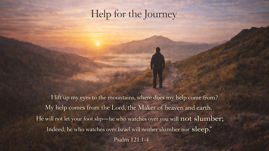 Help for the Journey — A wide 16:9 photo-realistic image of a person standing on a winding mountain path at sunrise, looking upward toward distant hills. The image includes the title Help for the Journey and the full scripture text of Psalm 121:1–4, symbolizing trust in God’s constant care.